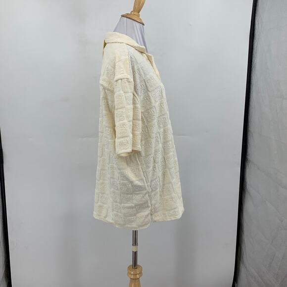 H&M Smiley Shirt Women M Medium Baby Yellow Button Up Relaxed Fit Terry Embossed - Picture 4 of 13